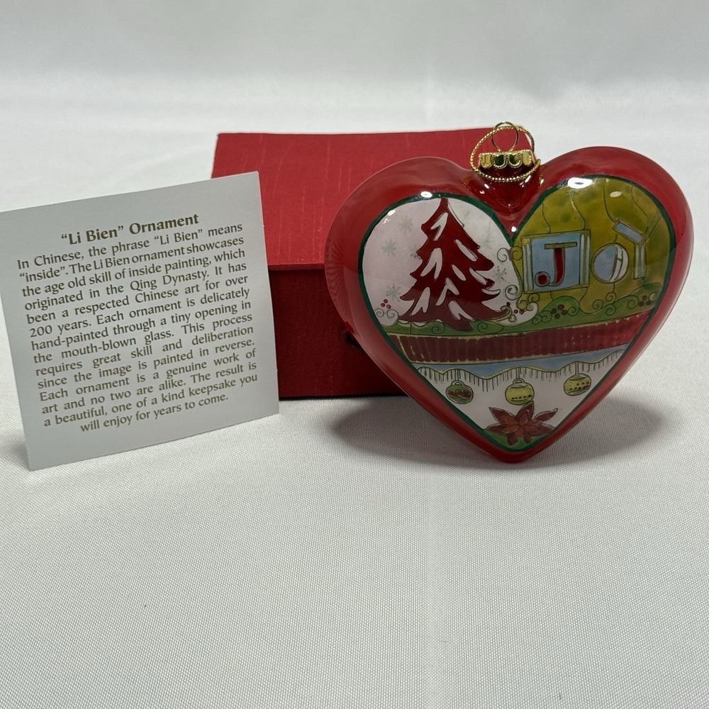 2008 Pier 1 Imports Heart‎ Glass Christmas Ornament Red NOEL Hand Painted Floral